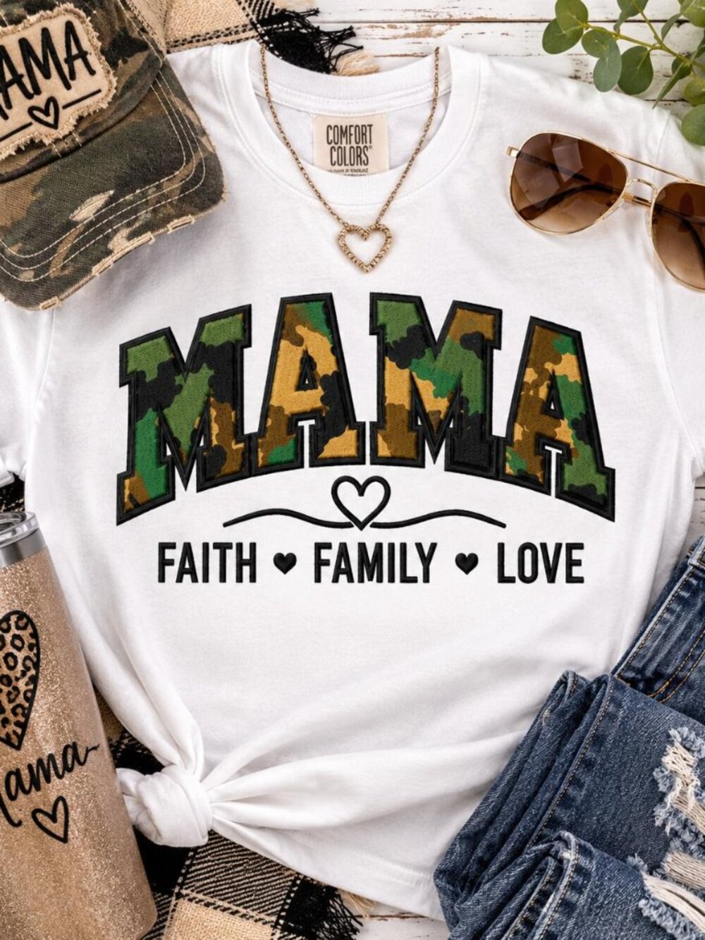 Women's Casual Black White Camo Embroidered T-Shirt